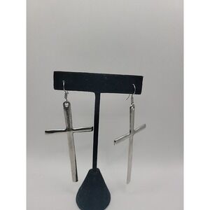 Silver Tone Cross Dangle Earrings Long Minimalist Religious Jewelry Hook Back